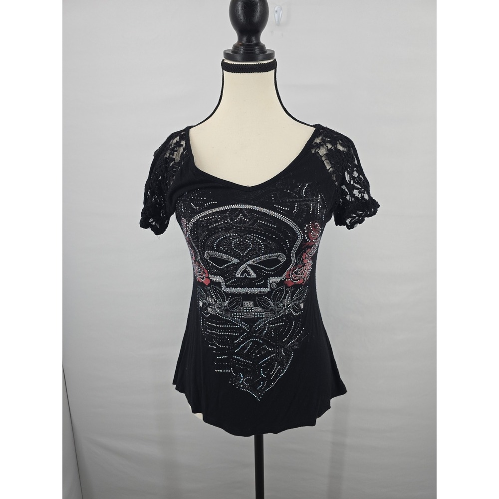 Harley-Davidson Womens Black Rhinestone Skull Rose Lace Sleeve Top HT4065BLK S